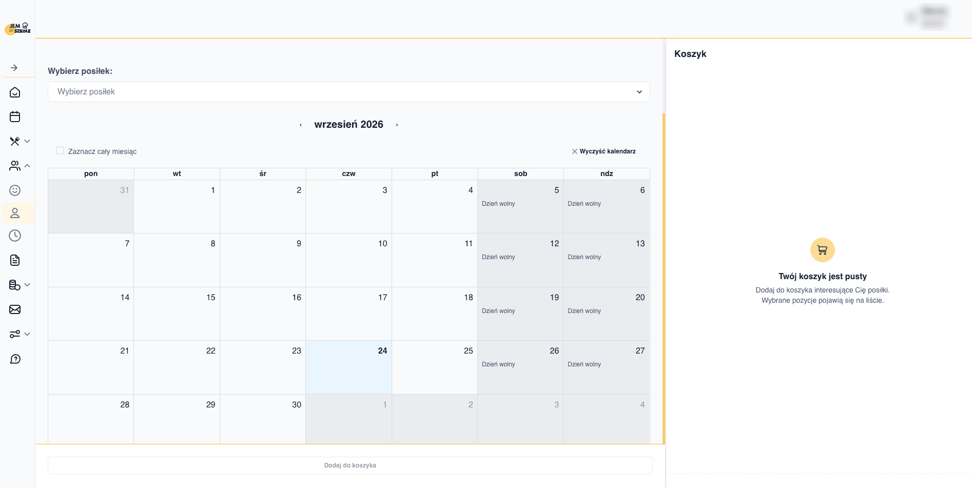 Ordering meals in a calendar with a basket