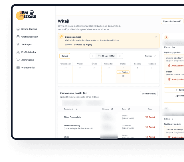 Parent dashboard: calendar, announcements and ordered meals