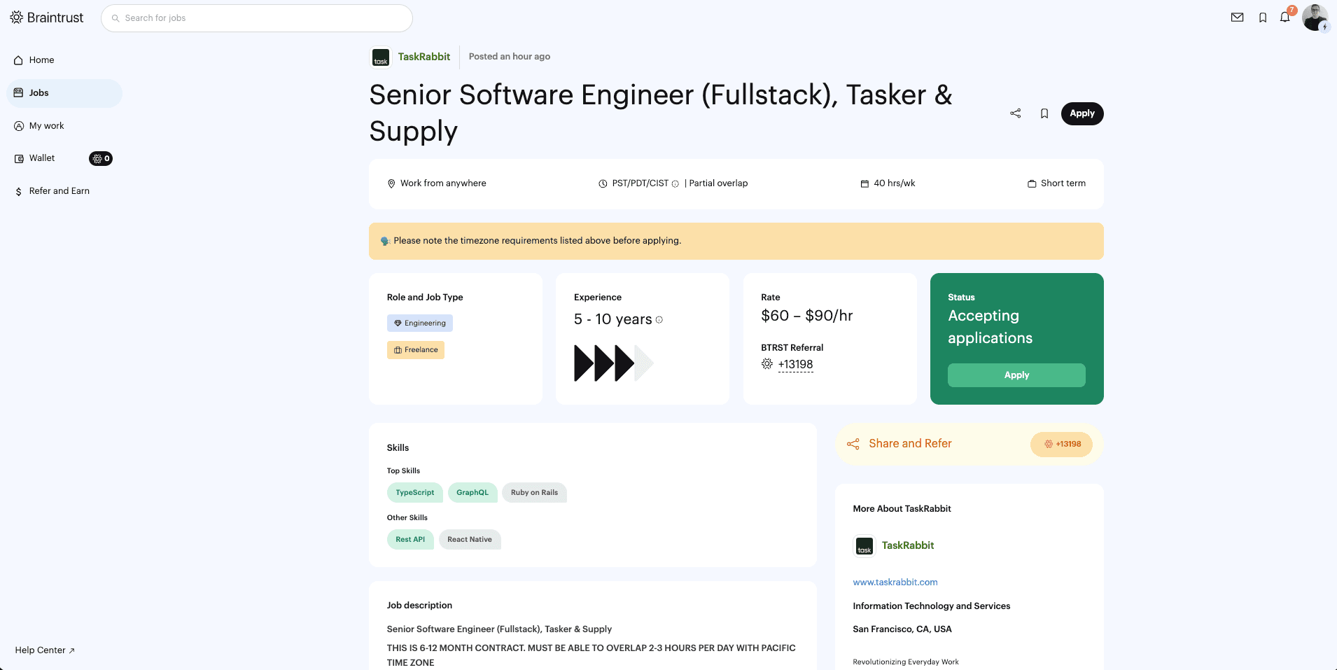Job details: rate, requirements and BTRST referral rewards