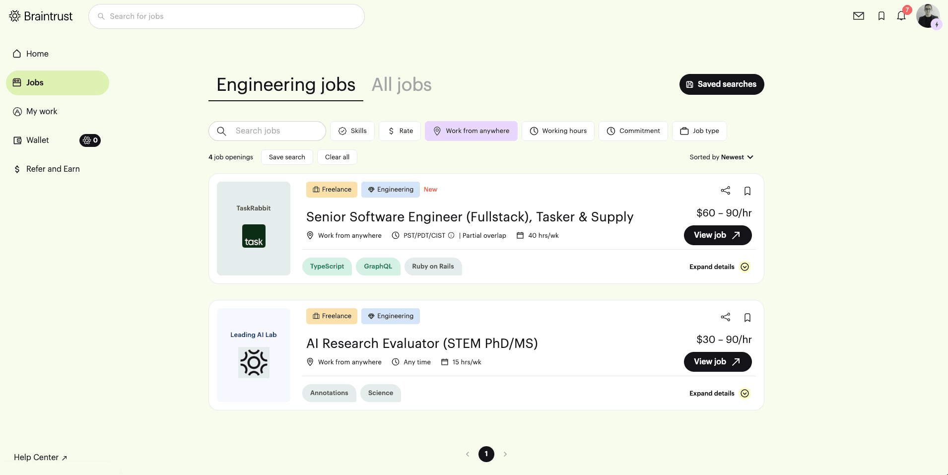 Job listings with filters