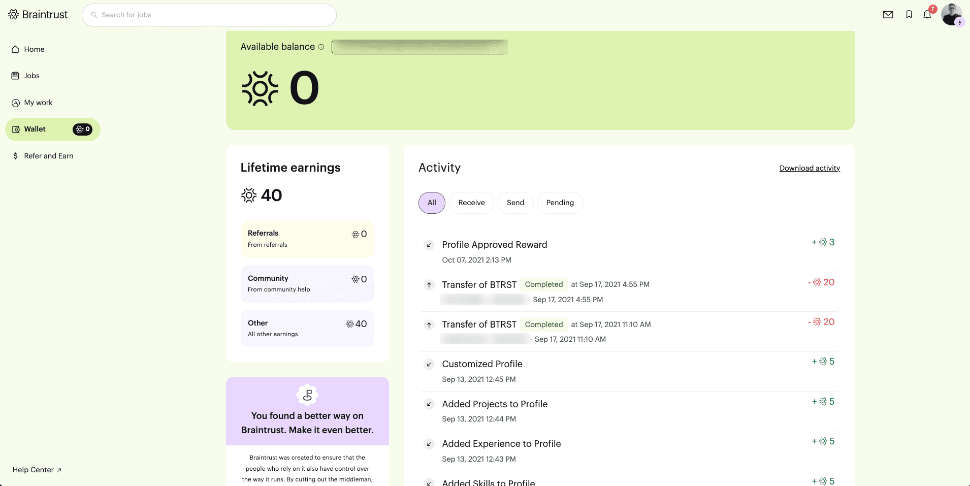 BTRST token wallet with activity history
