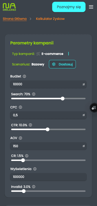 Parametry kampanii w kalkulatorze na telefonie