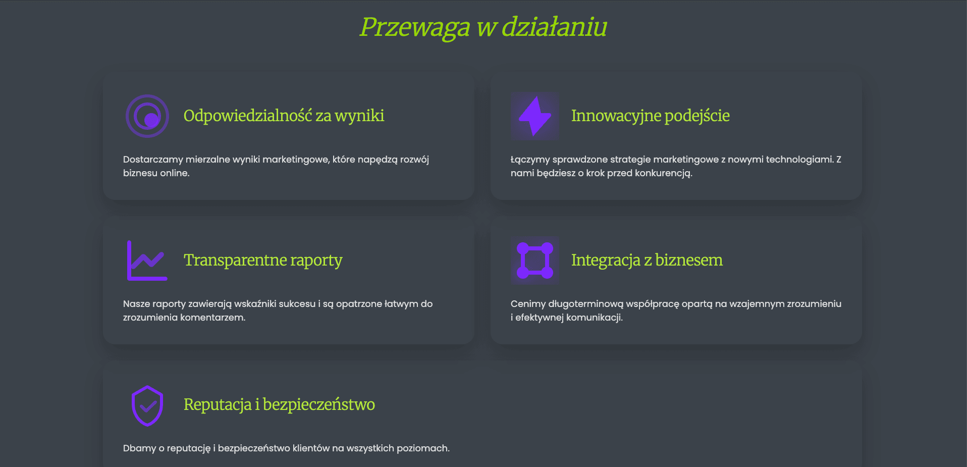 Sekcja „Przewaga w działaniu” z kartami zalet agencji